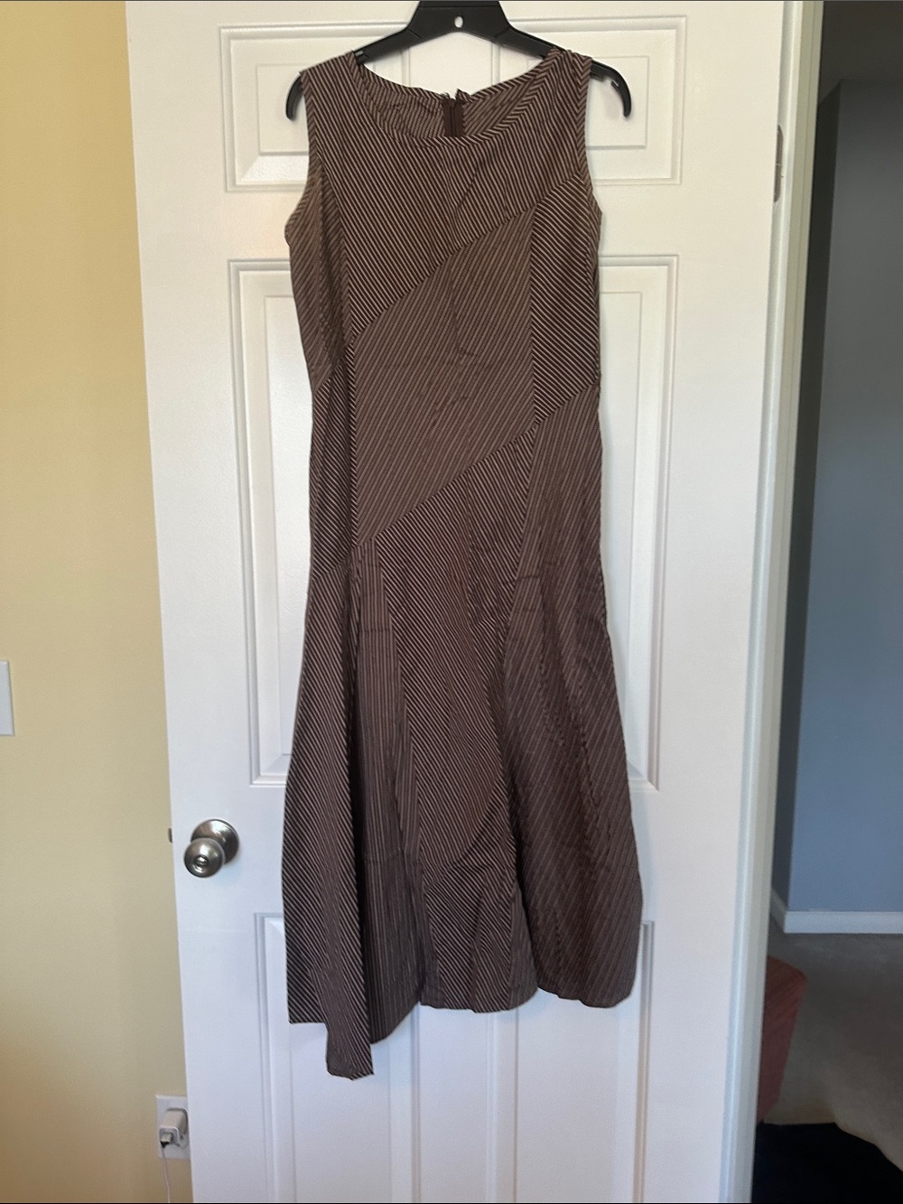Sleeveless Brown Striped A-Line Women’s Dress, asymmetric bottom